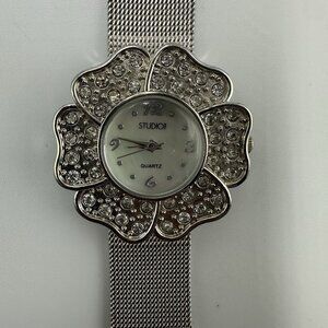 Studio Time Watch Women Silver Tone Rhinestone Flower Case New Battery 8.5 Inch